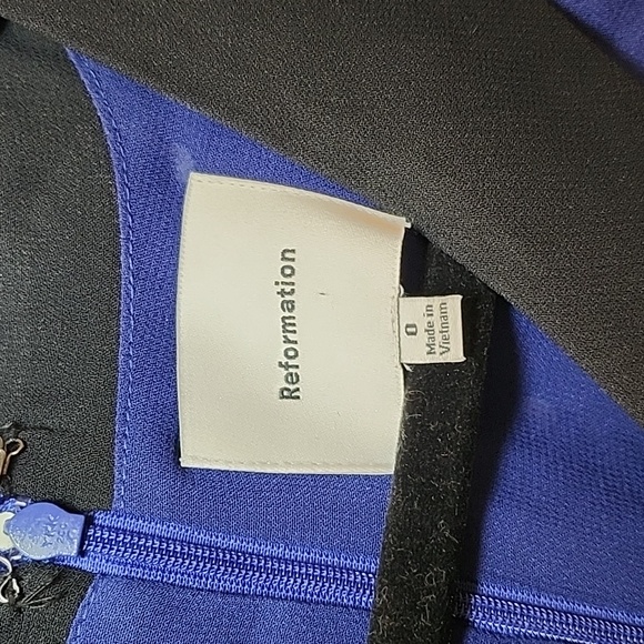 Reformation Tamia Mini dress navy Danube polkadot pattern black collar Sz 0 - Picture 8 of 16